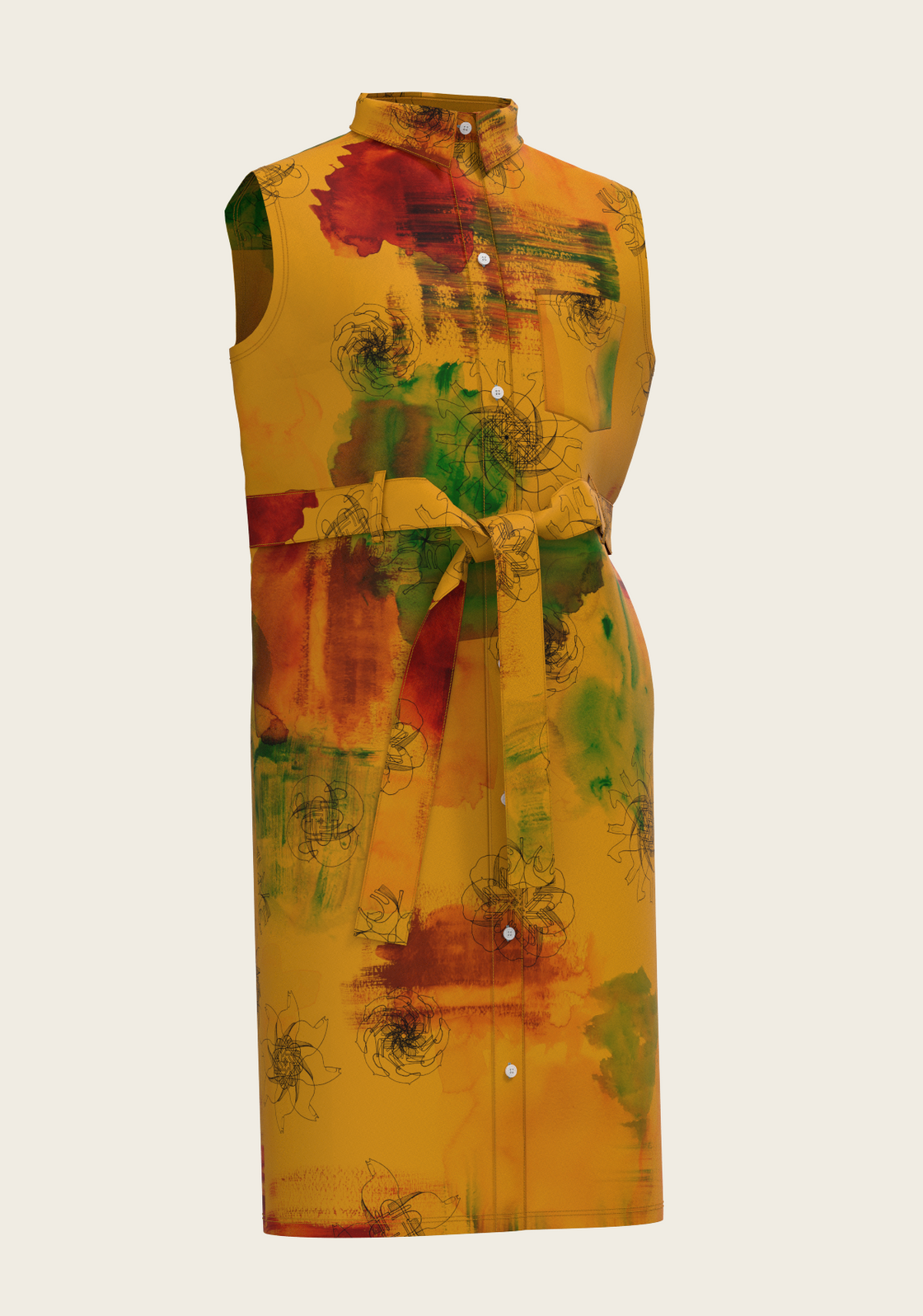 Horse Flower Fair on Ochre Sleeveless Shirt Dress
