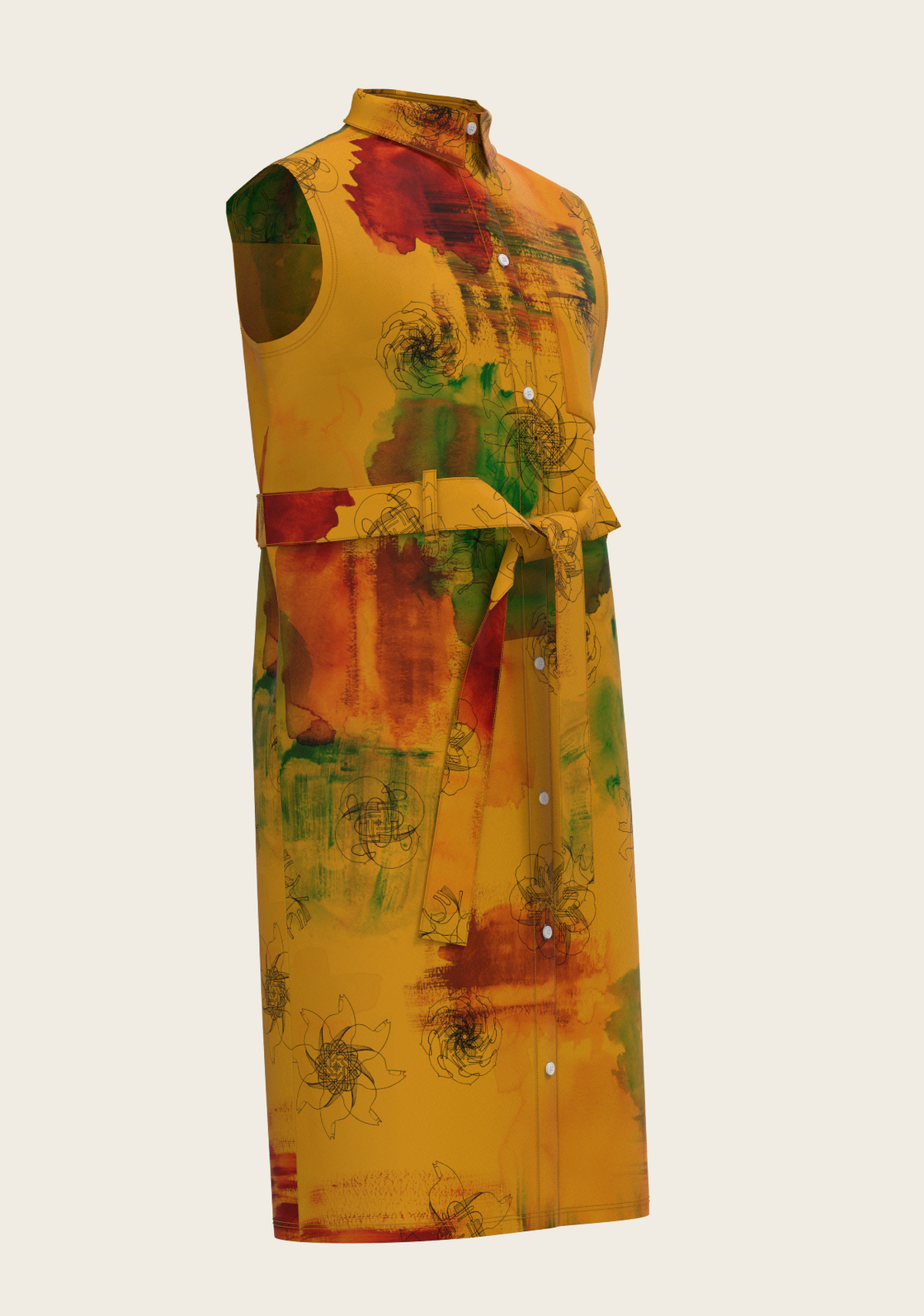 Horse Flower Fair on Ochre Sleeveless Shirt Dress