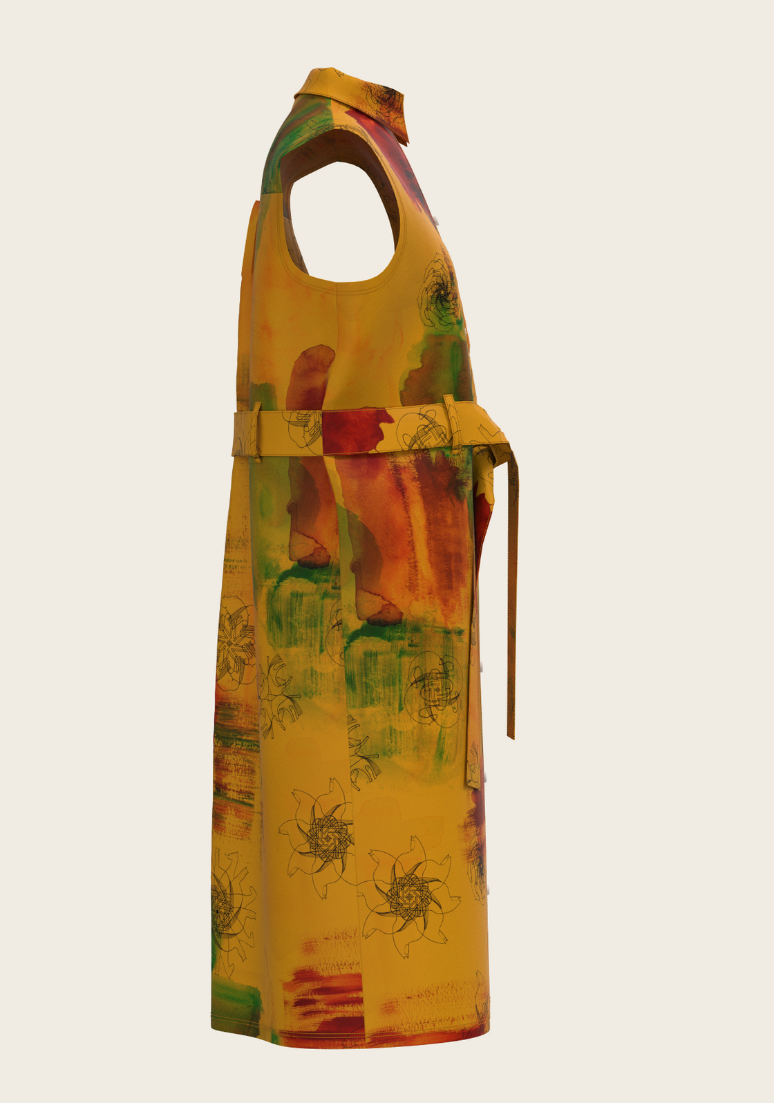 Horse Flower Fair on Ochre Sleeveless Shirt Dress