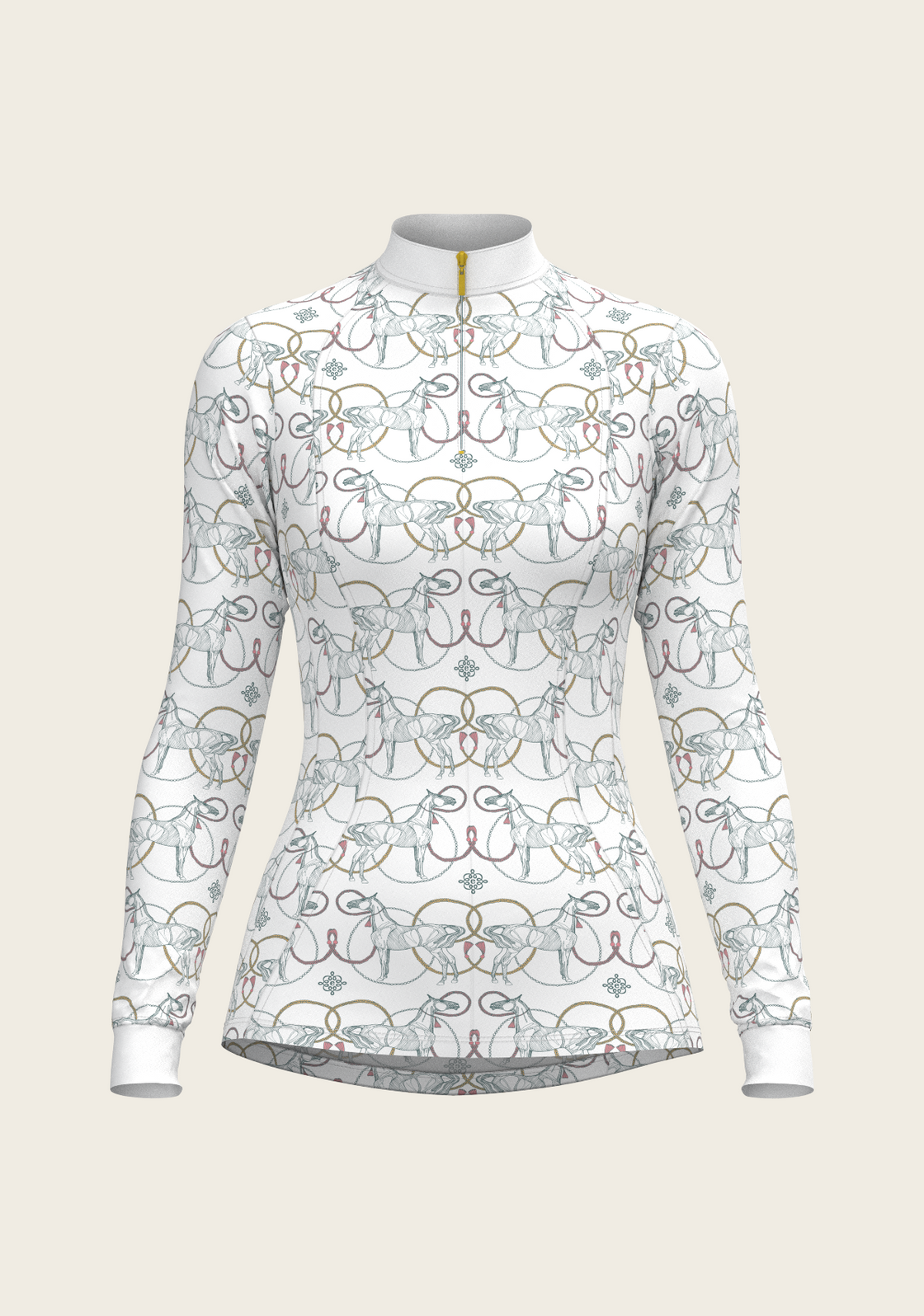 Teal Roped Horses on White Quarter Zip Sun Shirt