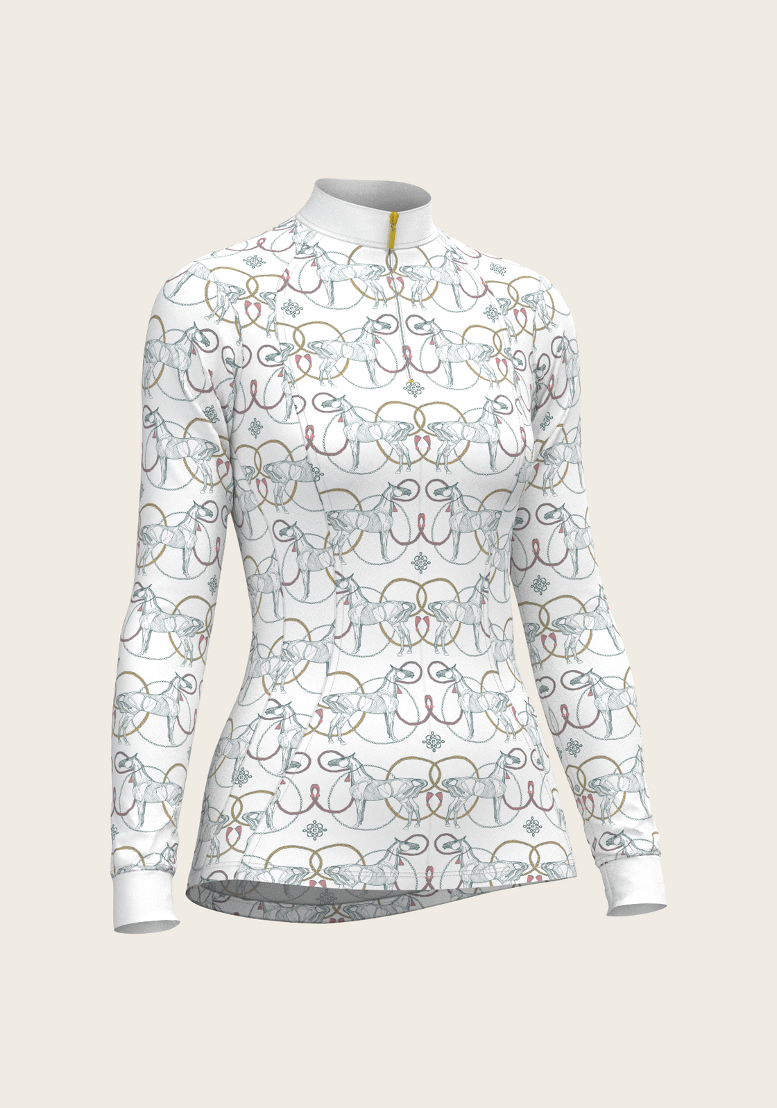 Teal Roped Horses on White Quarter Zip Sun Shirt