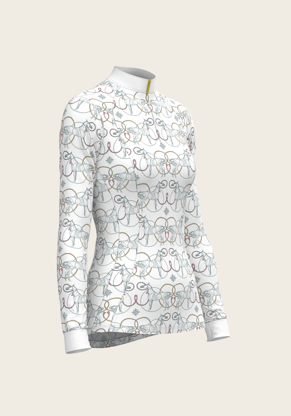 Teal Roped Horses on White Quarter Zip Sun Shirt