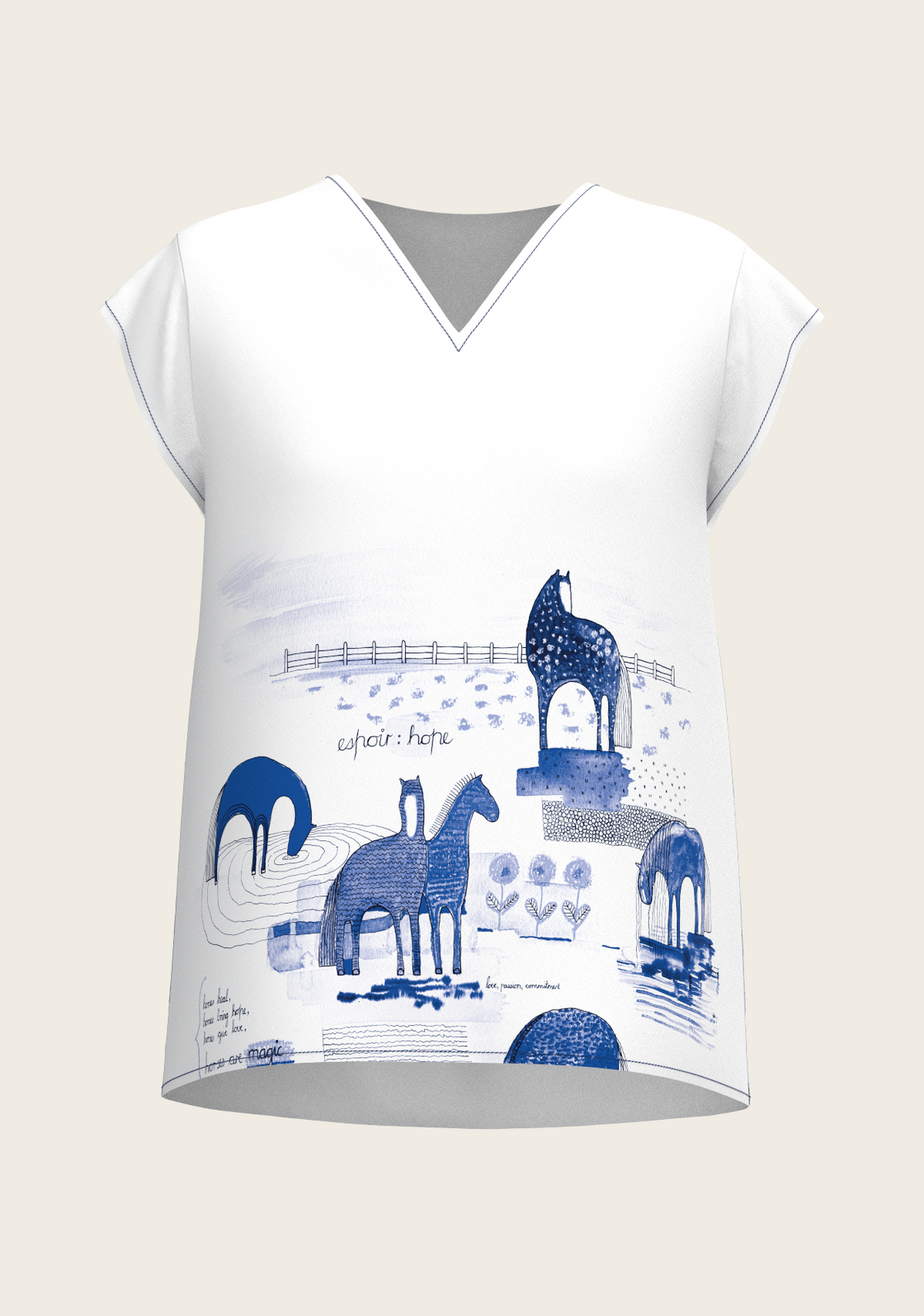Daydreaming Horses in Blue Loose Fitting V Neck Shirt