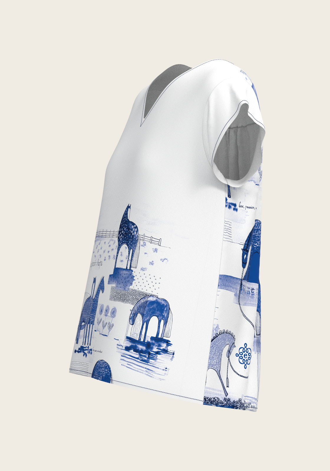 Daydreaming Horses in Blue Loose Fitting V Neck Shirt