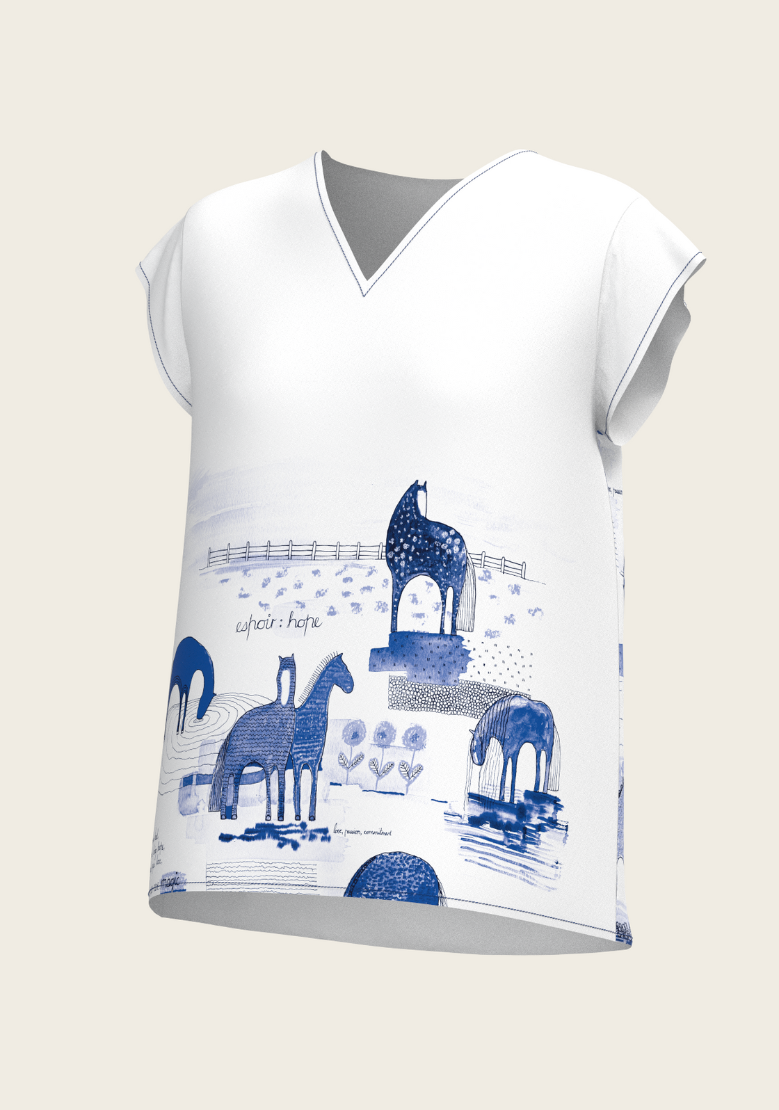 Daydreaming Horses in Blue Loose Fitting V Neck Shirt