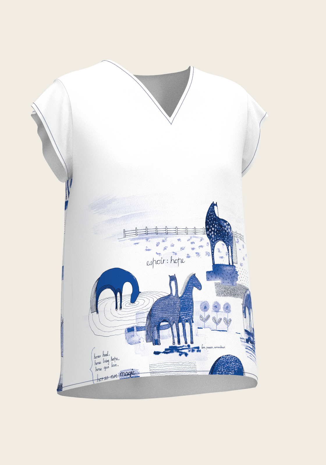 Daydreaming Horses in Blue Loose Fitting V Neck Shirt