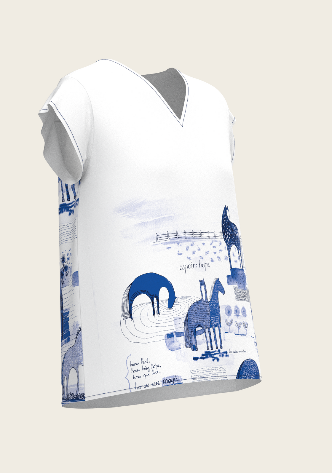 Daydreaming Horses in Blue Loose Fitting V Neck Shirt