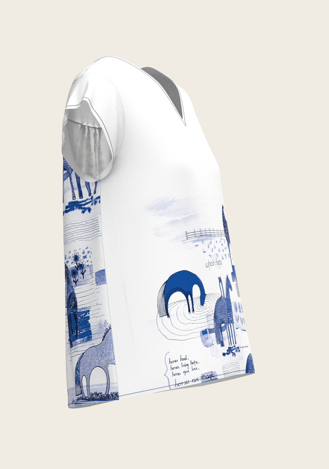Daydreaming Horses in Blue Loose Fitting V Neck Shirt
