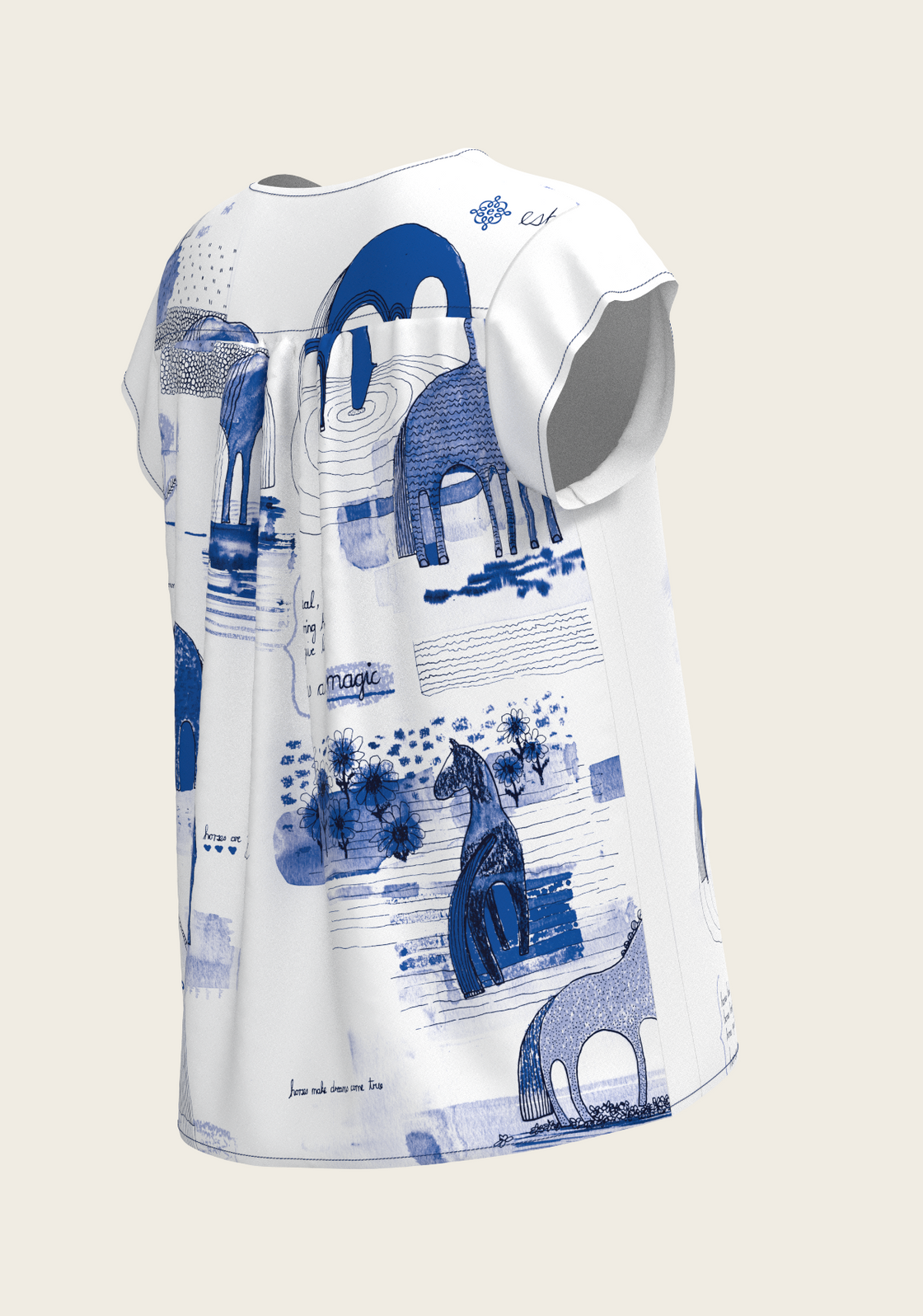 Daydreaming Horses in Blue Loose Fitting V Neck Shirt