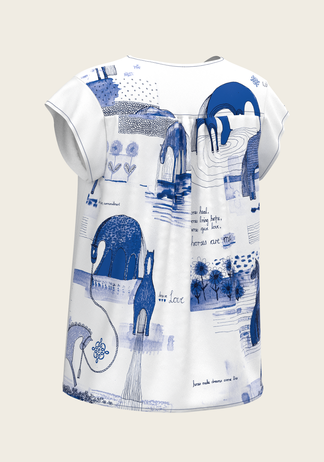 Daydreaming Horses in Blue Loose Fitting V Neck Shirt